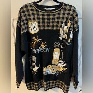 Novelty Travel Route 76 Graphic Black & Gold Sequin Sweater Oversized Grannycore